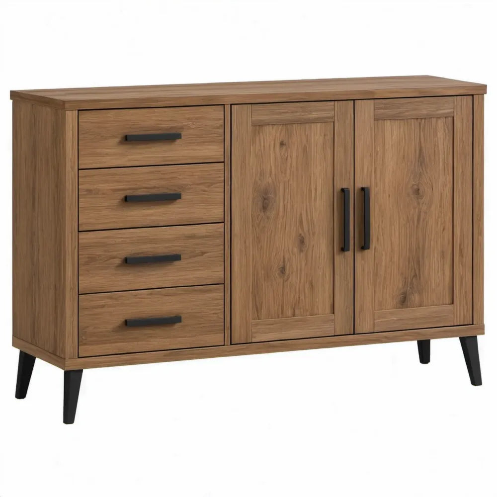 Dressoir met 4 lades en 2 deuren, 120 x 40 x 85 cm, naturel eiken met zwarte details