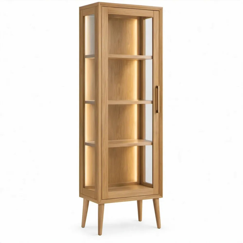 Vitrinekast van naturel eiken met gehard glas en warmwitte ledverlichting, 60 x 40 x 180 cm