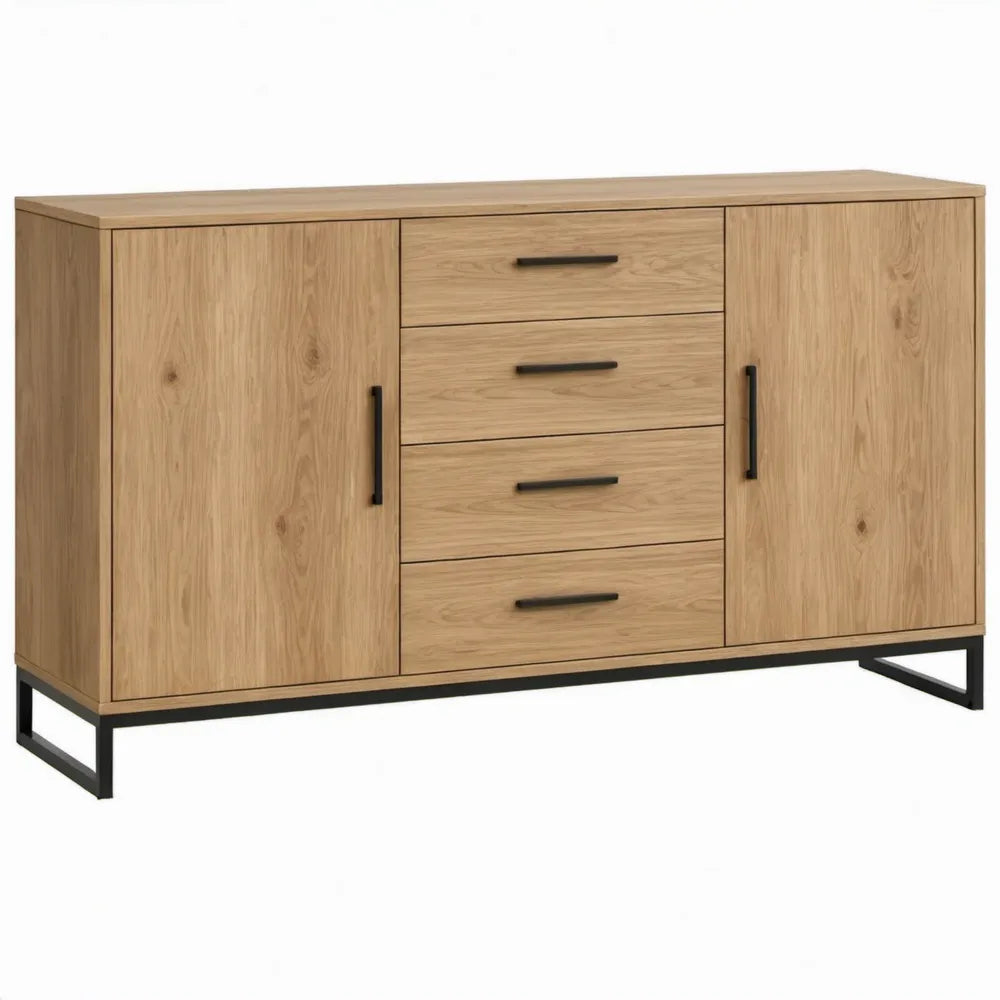 Dressoir met 2 deuren en 4 laden, 160 x 40 x 90 cm, naturel eiken en zwart
