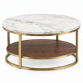 Ronde salontafel met 2 niveaus, 80 x 80 x 45 cm, wit marmerlook, donkerbruin en goudkleurig