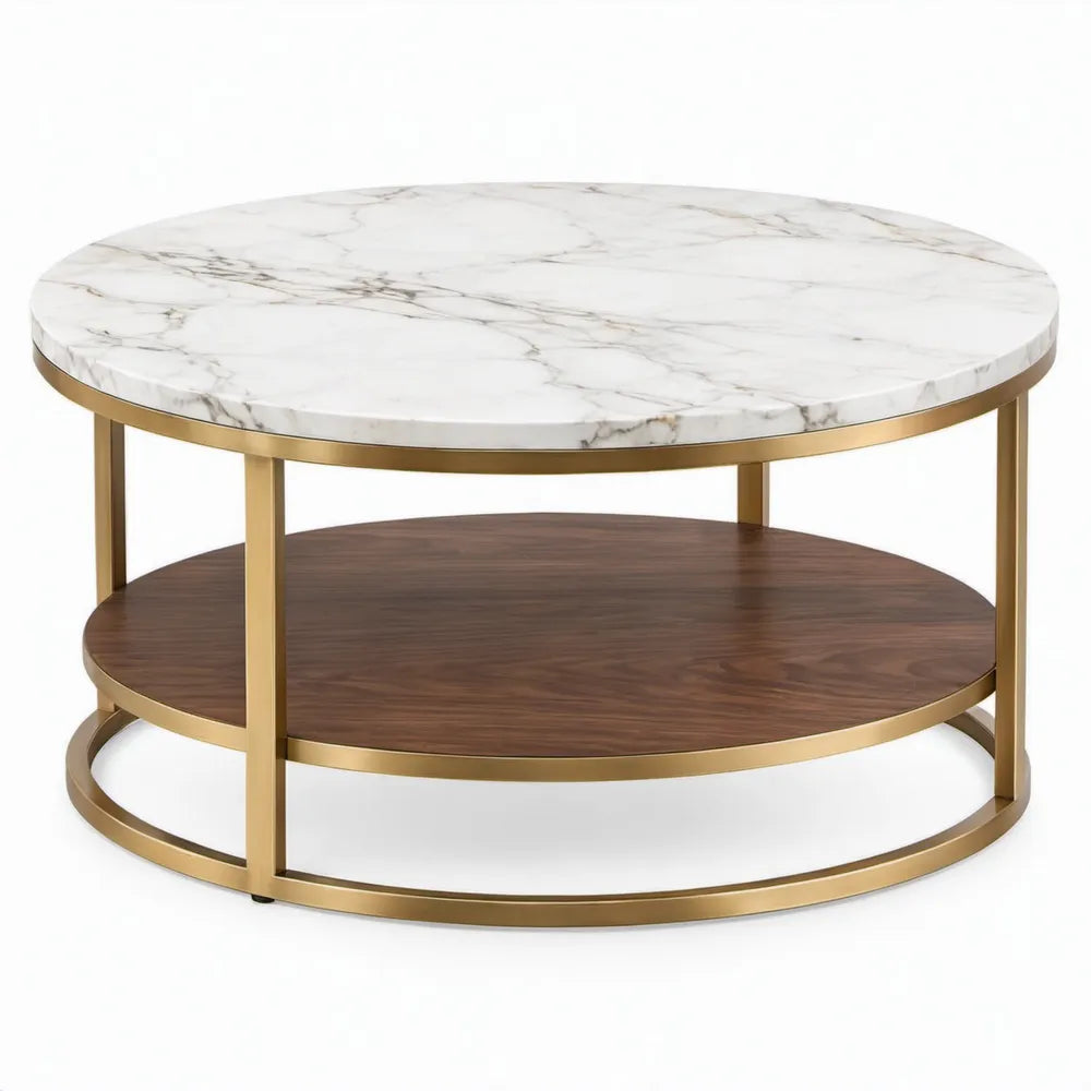 Ronde salontafel met 2 niveaus, 80 x 80 x 45 cm, wit marmerlook, donkerbruin en goudkleurig
