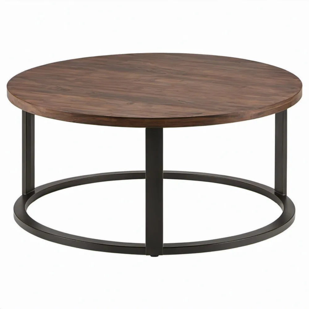 Ronde tafel met walnootfineer en stalen onderstel, donkerbruin/zwart, Ø 80 x 45 cm