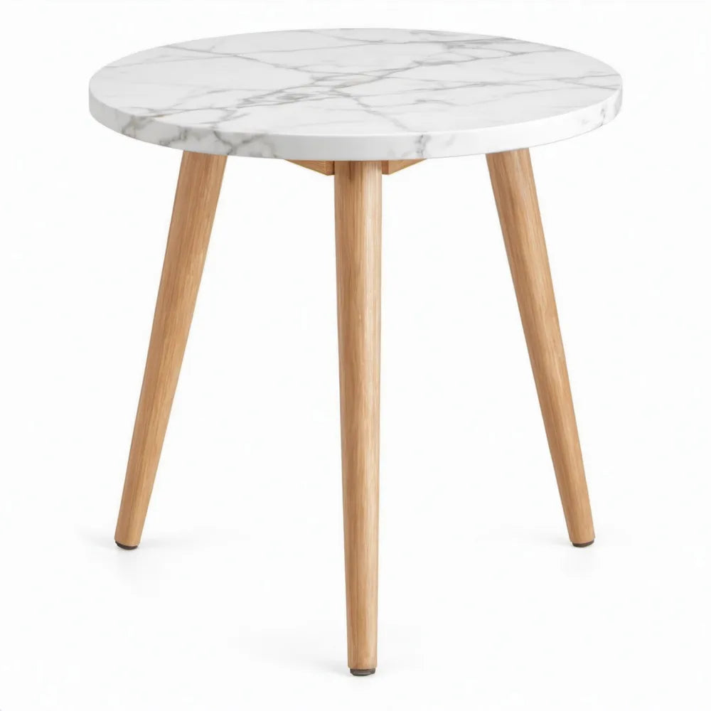 Ronde bijzettafel met marmerlook MDF-blad en rubberhouten poten, Ø 60 x 50 cm, Wit/Grijs/Naturel