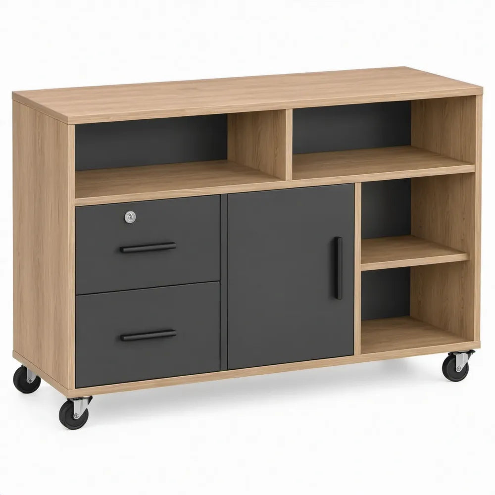 Verrijdbare archiefkast met 2 laden, 4 open vakken en deur, 120 x 45 x 90 cm, eikenkleurig/antraciet