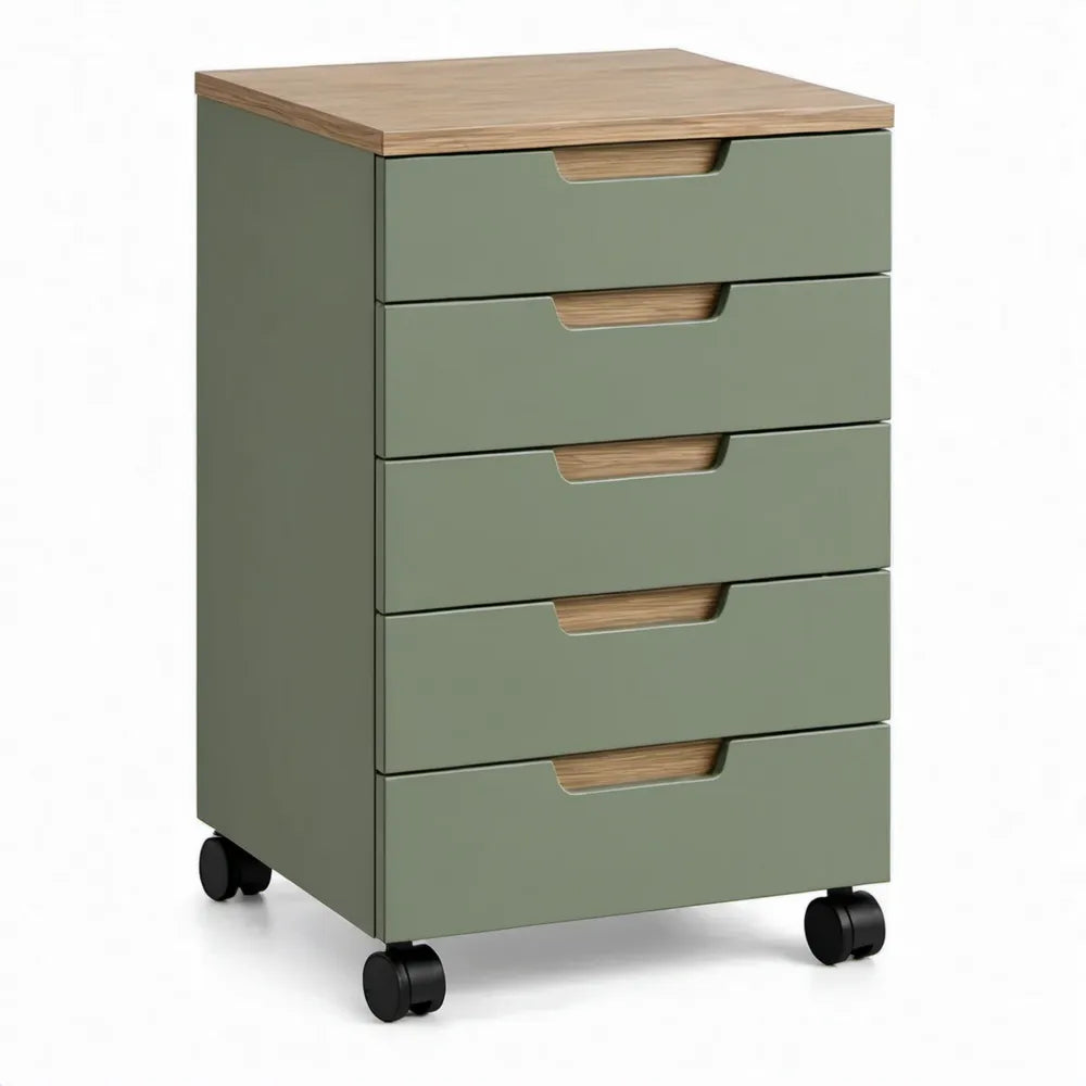 Verrijdbaar ladeblok met 5 laden, 40 x 40 x 65 cm, groen en eikenkleurig