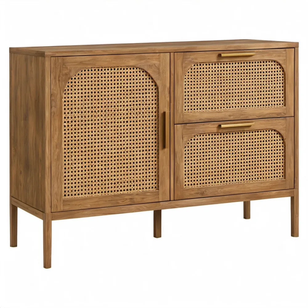 Dressoirkast van massief teakhout en rotan met 1 deur en 2 lades, 100 x 40 x 85 cm, naturelbruin