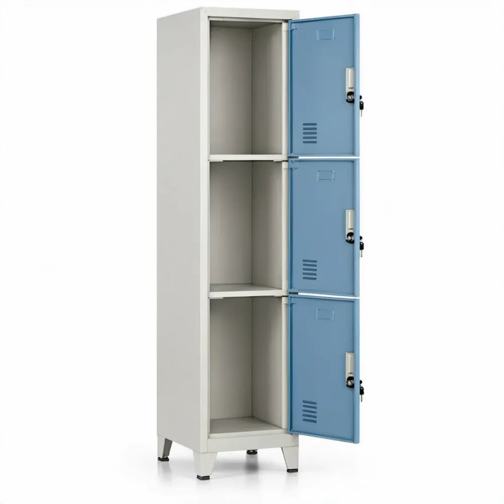 Stalen locker met 3 afsluitbare vakken, 180 x 38 x 45 cm, lichtgrijs/blauw