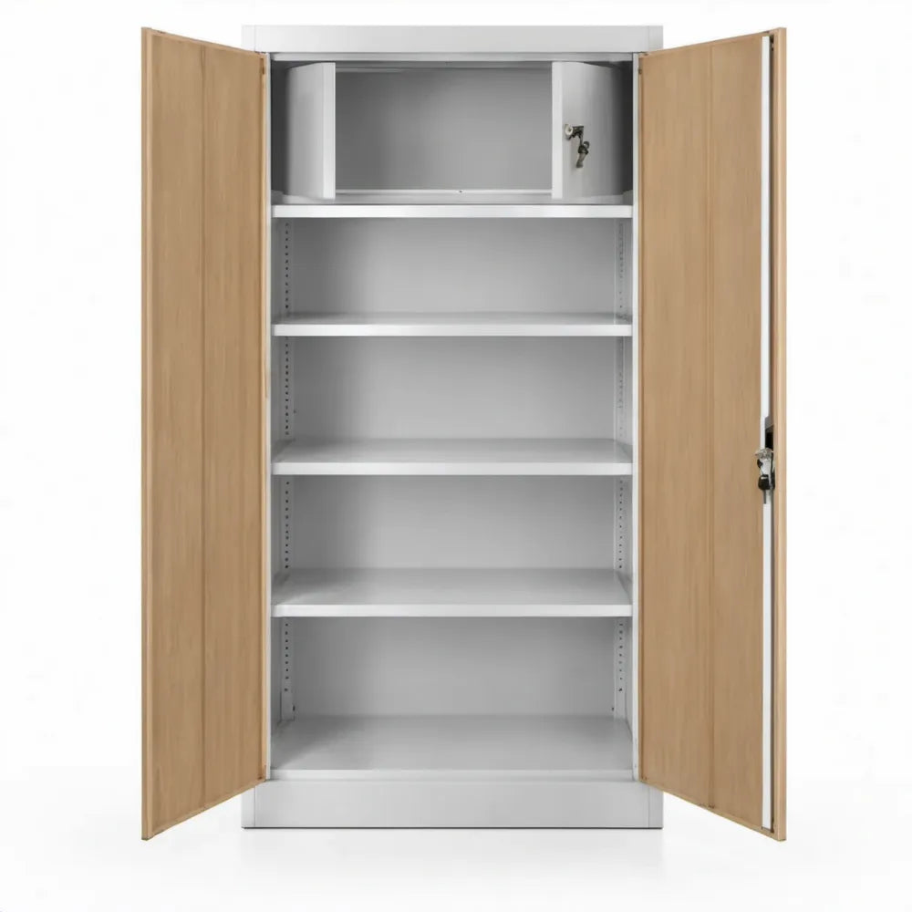 Afsluitbare kast met 2 deuren en 4 verstelbare legplanken, 91,4 x 40 x 195 cm, licht eiken/lichtgrijs